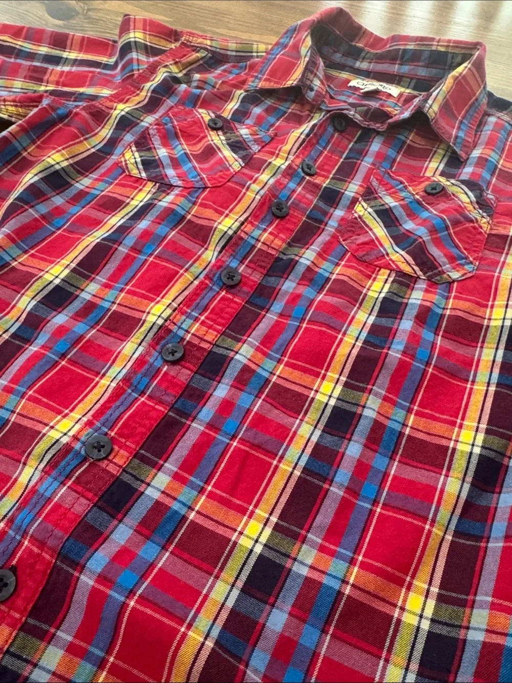 Boys size L (12/14). Cherokee Red and Blue Plaid Button-Up Long Sleeve Shirt